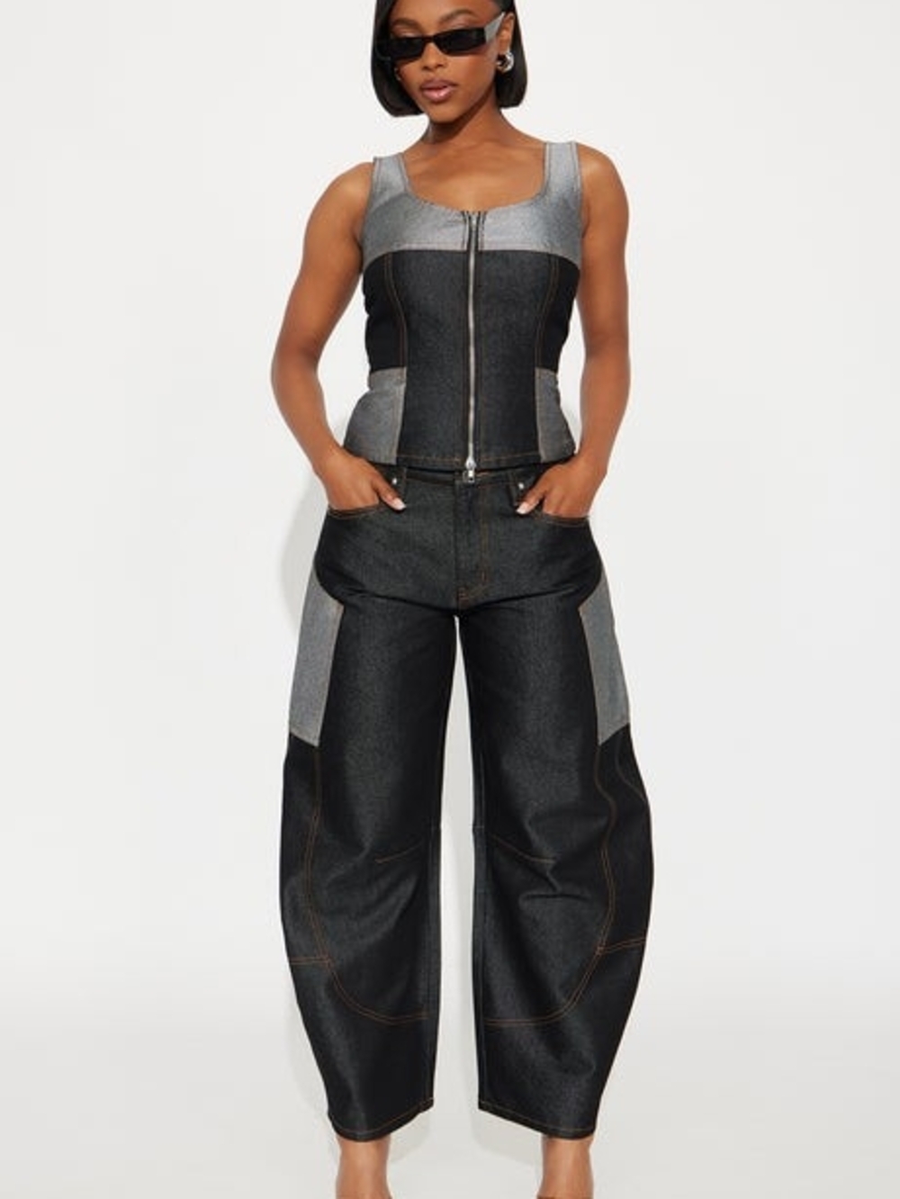 Two-Tone Denim Corset Top and Wide Leg Jeans Set - Black & Light Gray